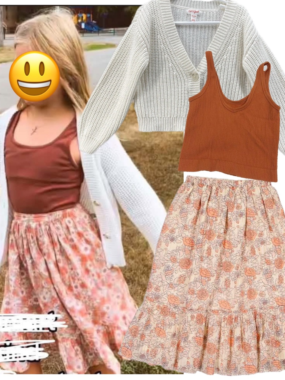 Girls Fall Cream Knit Cardigan & Pink Vintage Floral Skirt & Crop Tank 3-Piece